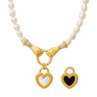 Natural Freshwater Pearl Necklace with Titanium Steel & Shell Heart Vacuum Ion Plating fashion jewelry & for woman & with cubic zirconia golden 18*14mm 5mm Length Approx 17.72 Inch Sold By PC
