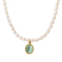 Natural Freshwater Pearl Necklace, with Titanium Steel & Cats Eye, Vacuum Ion Plating, fashion jewelry & for woman, golden, 9*14mm,4mm, Length:Approx 14.96 Inch, Sold By PC