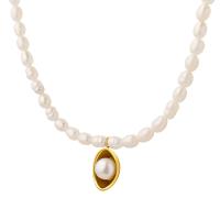 Natural Freshwater Pearl Necklace with Titanium Steel with 2.76inch extender chain Vacuum Ion Plating fashion jewelry & for woman golden 10*15mm 5mm Length Approx 13.78 Inch Sold By PC