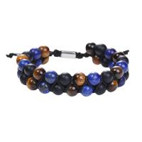 Gemstone Bracelets Tiger Eye with Lapis Lazuli & Polyester Cord & Black Agate Round handmade Double Layer & fashion jewelry & Unisex & adjustable Length Approx 18 cm Sold By PC