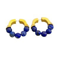 Natural Gemstone Earrings, Brass, with Lapis Lazuli & pearl & Tiger Eye, 18K gold plated, for woman, more colors for choice, nickel, lead & cadmium free, 32x34mm, Sold By Pair