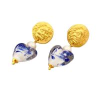 Brass Drop Earring with pearl & Lampwork Heart 18K gold plated for woman nickel lead & cadmium free Sold By Pair