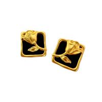 Brass Stud Earring with Black Agate Square 18K gold plated for woman black nickel lead & cadmium free 16.50mm Sold By Pair