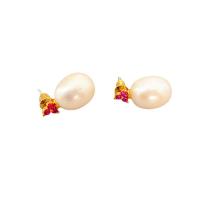 Freshwater Pearl Earrings Brass with Freshwater Pearl Oval 18K gold plated for woman & with rhinestone white nickel lead & cadmium free Sold By Pair