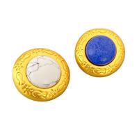 Natural Gemstone Earrings Brass with Howlite & Lapis Lazuli Flat Round 18K gold plated for woman nickel lead & cadmium free 25.80mm Sold By Pair