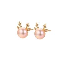 Freshwater Pearl Earrings, Brass, with Freshwater Pearl, Deer, plated, different styles for choice & micro pave cubic zirconia & for woman, more colors for choice, 12.80x12mm, 3Pairs/Lot, Sold By Lot