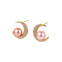 Freshwater Pearl Earrings, Brass, with Freshwater Pearl, Moon, plated, different styles for choice & micro pave cubic zirconia & for woman, more colors for choice, 14.80mm, 3Pairs/Lot, Sold By Lot