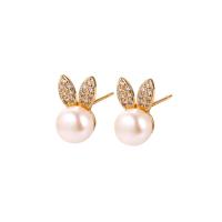 Freshwater Pearl Earrings Brass with Freshwater Pearl Rabbit plated & micro pave cubic zirconia & for woman 11.6mm Sold By Lot