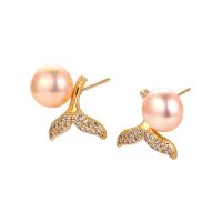Freshwater Pearl Earrings Brass with Freshwater Pearl Mermaid plated & micro pave cubic zirconia & for woman Sold By Lot