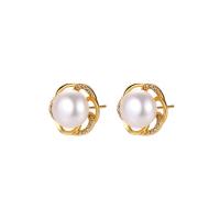 Freshwater Pearl Earrings, Brass, with Freshwater Pearl, Flower, plated, different styles for choice & micro pave cubic zirconia & for woman, more colors for choice, 14mm, 3Pairs/Lot, Sold By Lot