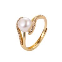 Freshwater Pearl Finger Ring Brass with Freshwater Pearl plated & micro pave cubic zirconia & for woman 17mm Sold By Lot