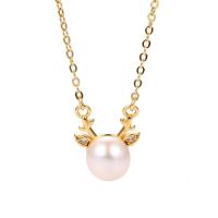 Freshwater Pearl Brass Necklace with Freshwater Pearl with 1.96 inch extender chain Deer plated & micro pave cubic zirconia & for woman Length Approx 15.74 Inch Sold By Lot