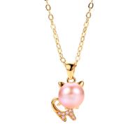 Freshwater Pearl Pendants Brass with Freshwater Pearl Cat plated & micro pave cubic zirconia & for woman Sold By Lot