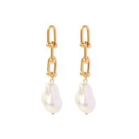 Freshwater Pearl Earrings, 304 Stainless Steel, with Freshwater Pearl, Vacuum Plating, fashion jewelry & for woman, golden, 60x11mm, Sold By Pair