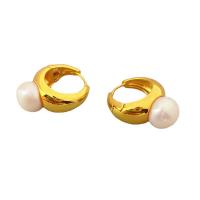 Freshwater Pearl Earrings Brass with Freshwater Pearl Round 18K gold plated for woman white nickel lead & cadmium free Sold By Pair