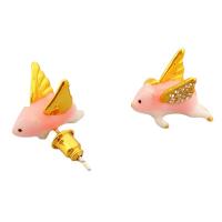 Brass Stud Earring Pig 18K gold plated for woman & enamel & with rhinestone pink nickel lead & cadmium free 15.60mm Sold By Pair