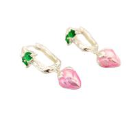 Brass Drop Earring, Flower Bud, silver color plated, for woman & enamel & with rhinestone, pink, nickel, lead & cadmium free, 15.60x37.90mm, Sold By Pair