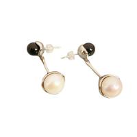 Freshwater Pearl Earrings, Brass, with Black Agate & Freshwater Pearl, Round, platinum plated, for woman, white and black, nickel, lead & cadmium free, 38mm, Sold By Pair