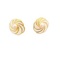 Brass Stud Earring with Plastic Pearl Flower 18K gold plated for woman & enamel white nickel lead & cadmium free 16.70mm Sold By Pair