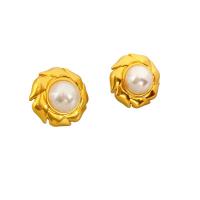 Brass Stud Earring with Plastic Pearl Pinwheel 18K gold plated for woman white nickel lead & cadmium free 22mm Sold By Pair