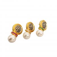 Messing Tropfen Ohrringe, mit Kunststoff Perlen, rund, plattiert, für Frau & mit Strass, keine, frei von Nickel, Blei & Kadmium, 16x28mm, verkauft von Paar