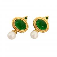 Brass Drop Earring, with Emerald & Mabe Pearl, Round, 18K gold plated, for woman, mixed colors, nickel, lead & cadmium free, 23x38mm, Sold By Pair