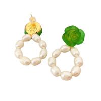 Freshwater Pearl Earrings Brass with Freshwater Pearl & Acrylic Rose 18K gold plated for woman nickel lead & cadmium free Sold By Pair
