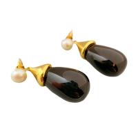 Brass Drop Earring with Freshwater Pearl & Acrylic Teardrop 18K gold plated for woman nickel lead & cadmium free Sold By Pair