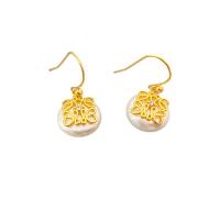 Brass Drop Earring with Freshwater Pearl Flat Round 18K gold plated for woman & with rhinestone white nickel lead & cadmium free Sold By Pair