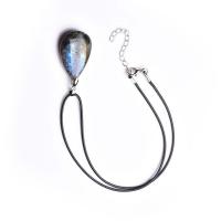 Labradorite Necklace with leather cord & Zinc Alloy Teardrop silver color plated Unisex 30-40mm Length 15.75 Inch Sold By PC