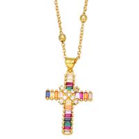 Cubic Zircon Micro Pave Brass Necklace, with 2 extender chain, Cross, 18K gold plated, micro pave cubic zirconia & for woman, more colors for choice, nickel, lead & cadmium free, 33x20mm, Length:17.7 Inch, Sold By PC