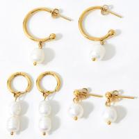 Shell Earrings, Titanium Steel, with Freshwater Shell, Vacuum Ion Plating, different styles for choice & for woman, gold, Sold By Pair