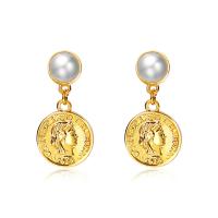 Brass Drop Earring gold color plated for woman & with plastic pearl gold Sold By Pair