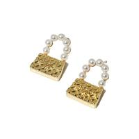 Brass Stud Earring Handbag gold color plated for woman & with plastic pearl gold 27mm Sold By Pair
