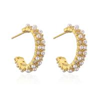 Cubic Zirconia Micro Pave Brass Earring, with Plastic Pearl, 18K gold plated, micro pave cubic zirconia & for woman, 22x21mm, Sold By Pair