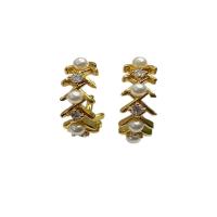 Cubic Zirconia Micro Pave Brass Earring, with Plastic Pearl, gold color plated, micro pave cubic zirconia & for woman, 28x24mm, Sold By Pair