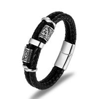 PU Leather Cord Bracelets, with 304 Stainless Steel, for man, black, Length:Approx 8.46 Inch, Sold By PC
