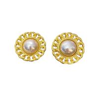 Messing oorbelknoppen, met Plastic Pearl, gold plated, voor vrouw & hol, 30x30mm, Verkocht door pair
