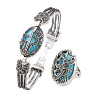 Tibetan Style Jewelry Sets, finger ring & bracelet, with Resin, antique silver color plated, 2 pieces & fashion jewelry & different size for choice & for woman & with rhinestone, blue, nickel, lead & cadmium free, Length:Approx 7.48 Inch, Sold By Set