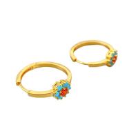 Brass Hoop Earring, Flower, 18K gold plated, for woman & with rhinestone, blue, nickel, lead & cadmium free, 22mm, Sold By Pair