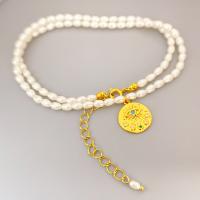 Freshwater Pearl Brass Necklace with Brass with 7cm extender chain Flat Round 18K gold plated for woman & with rhinestone white Length Approx 45 cm Sold By PC