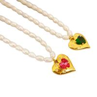 Freshwater Pearl Brass Necklace, with Brass, with 7cm extender chain, Heart, 18K gold plated, for woman & with rhinestone, more colors for choice, Length:Approx 38 cm, Sold By PC