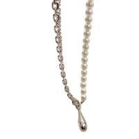 Plastic Pearl Necklace, Brass, with Plastic Pearl, Teardrop, platinum plated, for woman, white, nickel, lead & cadmium free, Length:Approx 45 cm, Sold By PC