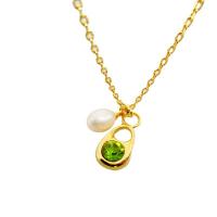 Freshwater Pearl Brass Necklace, with Freshwater Pearl, Teardrop, 18K gold plated, for woman & with rhinestone, green, nickel, lead & cadmium free, Length:Approx 45 cm, Sold By PC