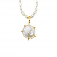 Freshwater Pearl Mässing Chain Necklace, med Mässing, Flat Round, 18K guldpläterad, för kvinna, vit, nickel, bly och kadmium gratis, Längd Ca 18 inch, Säljs av PC