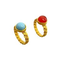 Natural Gemstone Finger Ring Brass with Turquoise & Red Agate Round 18K gold plated & for woman nickel lead & cadmium free Sold By PC