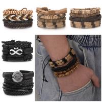 PU Leather Cord Bracelets with Glass Beads & Wood & Zinc Alloy silver color plated & for man Sold By Set