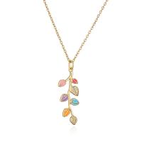 Cubic Zircon Micro Pave Brass Necklace, Leaf, gold color plated, micro pave cubic zirconia & for woman & enamel, more colors for choice, 39x13mm, Length:Approx 17.7 Inch, Sold By PC