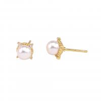 925 Sterling Silver Stud Earrings plated micro pave cubic zirconia & for woman & with plastic pearl Sold By Pair