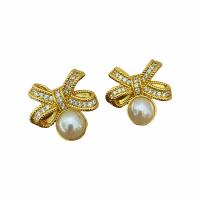 Cubic Zirconia Micro Pave Brass Earring Bowknot gold color plated micro pave cubic zirconia & for woman & with plastic pearl gold 30mm Sold By Pair
